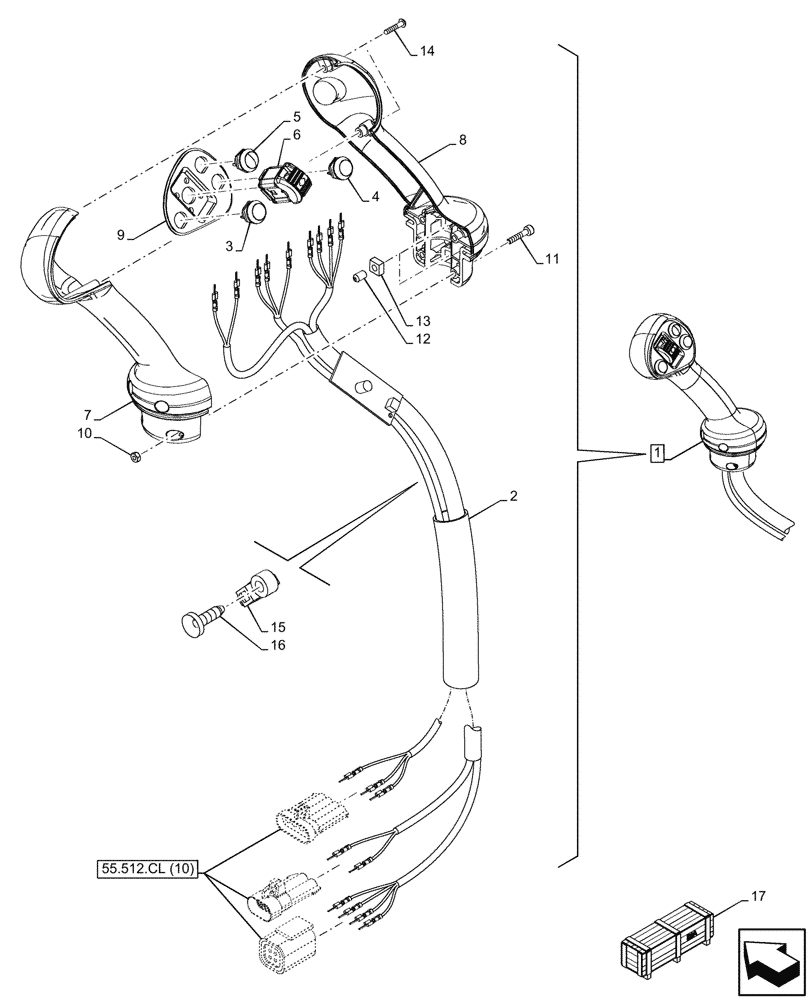 Схема запчастей Case 580SN - (55.512.CL[11]) - 3-SPOOL, MECHANICAL, LOADER, JOYSTICK, COMPONENTS (55) - ELECTRICAL SYSTEMS