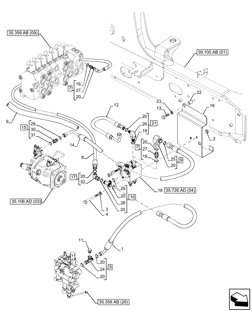 Схема запчастей Case 590SN - (35.726.AD[03]) - HYDRAULIC LIFT, PILOT CONTROLS, SOLENOID VALVE, LINES (35) - HYDRAULIC SYSTEMS