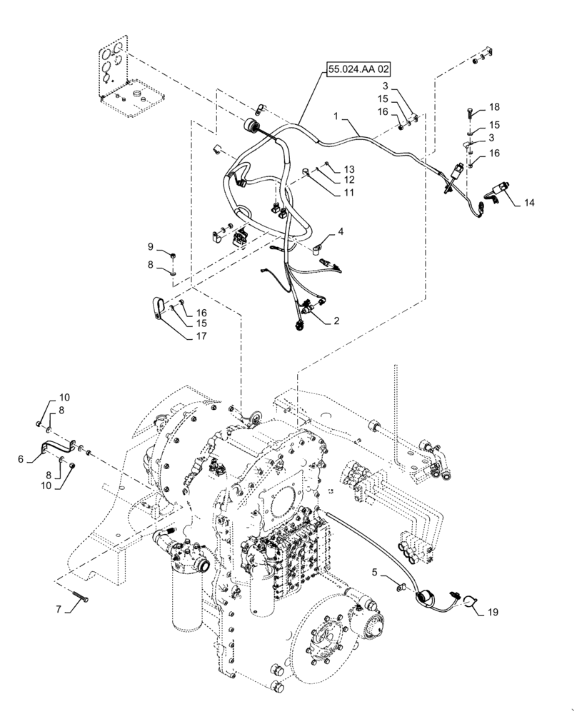 Схема запчастей Case 621F - (55.024.AA[01]) - TRANSMISSION HARNESS INSTALLATION (55) - ELECTRICAL SYSTEMS