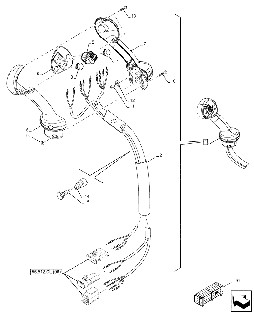 Схема запчастей Case 580SN - (55.512.CL[07]) - 3-SPOOL, MECHANICAL, LOADER, JOYSTICK, COMPONENTS (55) - ELECTRICAL SYSTEMS