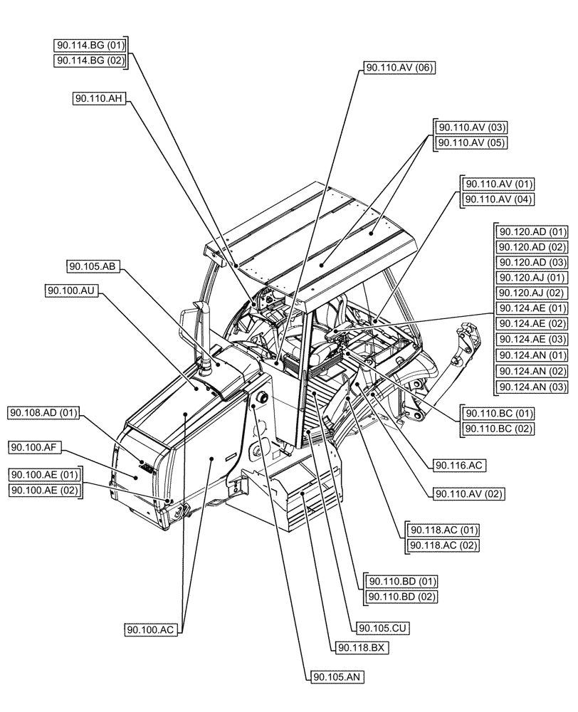 Схема запчастей Case 580N EP - (00.000.90[02]) - PICTORIAL INDEX - PLATFORM, CAB, BODYWORK AND DECALS (00) - GENERAL & PICTORIAL INDEX