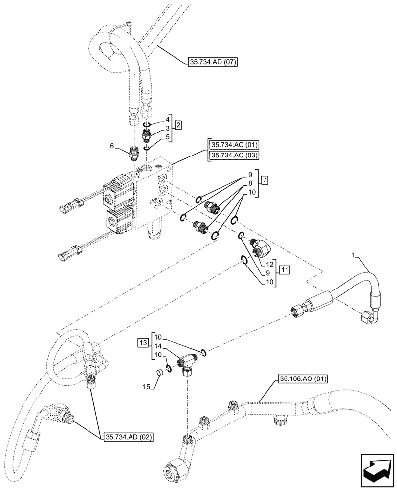 Схема запчастей Case 580SN - (35.734.AD[06]) - QUICK COUPLER, VALVE, HYDRAULIC LINE (35) - HYDRAULIC SYSTEMS