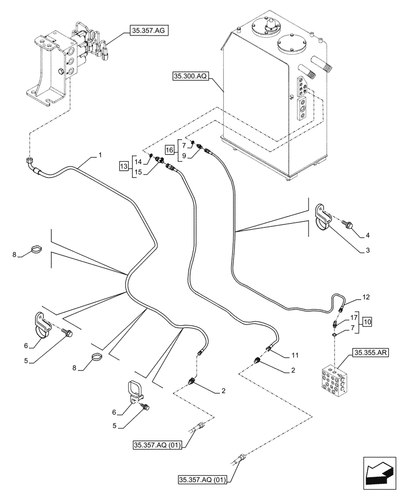 Схема запчастей Case CX300D LC - (35.357.AQ[02]) - PILOT VALVE, DRAIN LINE (35) - HYDRAULIC SYSTEMS