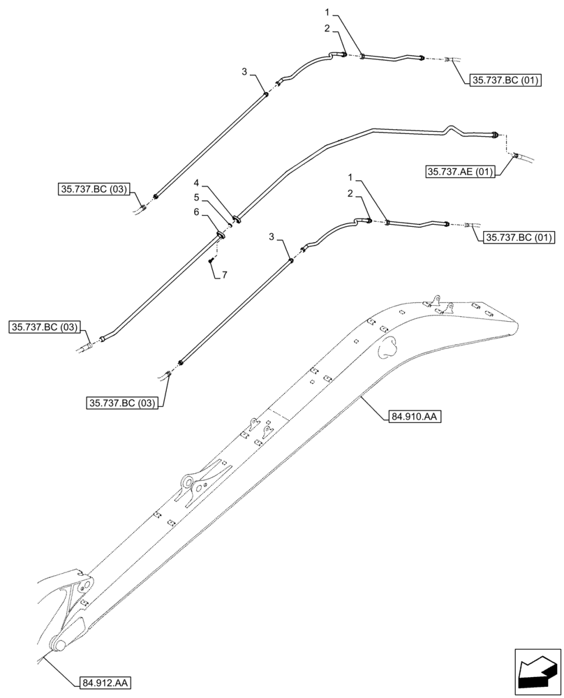 Схема запчастей Case CX250D LC LR - (35.737.BC[02]) - ARM, CYLINDER, SAFETY VALVE, LINES (35) - HYDRAULIC SYSTEMS