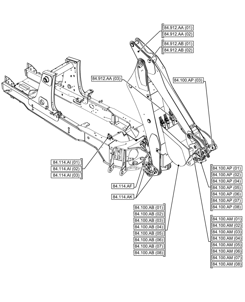 Схема запчастей Case 580SN - (00.000.84[01]) - PICTORIAL INDEX - BOOM, STANDARD DIPPER AND BUCKET (00) - GENERAL & PICTORIAL INDEX