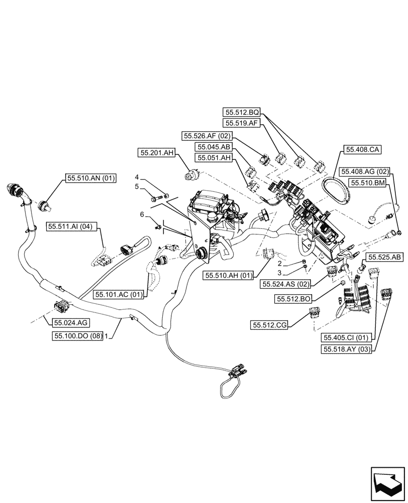 Схема запчастей Case 580SN - (55.510.AG[03]) - VAR - 423058, 423059 - POWERSHUTTLE TRANSMISSION, RIGHT SIDE HARNESS (55) - ELECTRICAL SYSTEMS