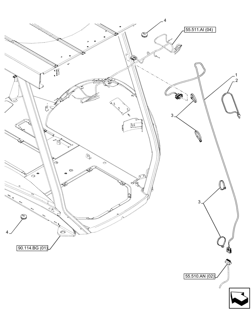 Схема запчастей Case 590SN - (55.511.AI[01]) - VAR - 423000, 442082 - CANOPY, WORK LIGHT, HARNESS (55) - ELECTRICAL SYSTEMS