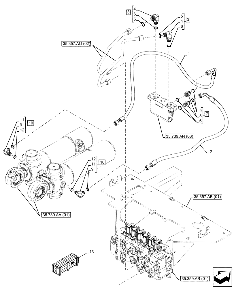 Схема запчастей Case 580N EP - (35.739.AE[03]) - VAR - 745165, 747669 - BOOM SWING, PILOT CONTROLS, DAMPING VALVE, LINE (35) - HYDRAULIC SYSTEMS