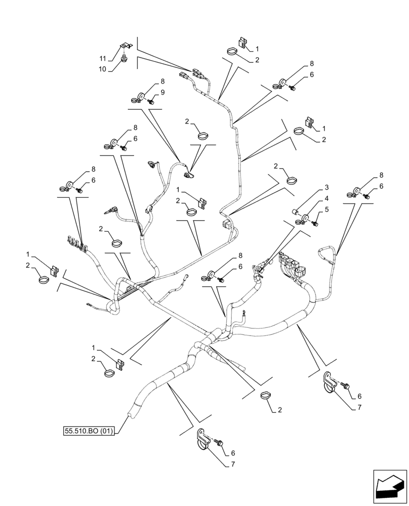 Схема запчастей Case CX300D LC - (55.510.BO[03]) - MAIN, WIRE HARNESS, CABLE CLIP (55) - ELECTRICAL SYSTEMS