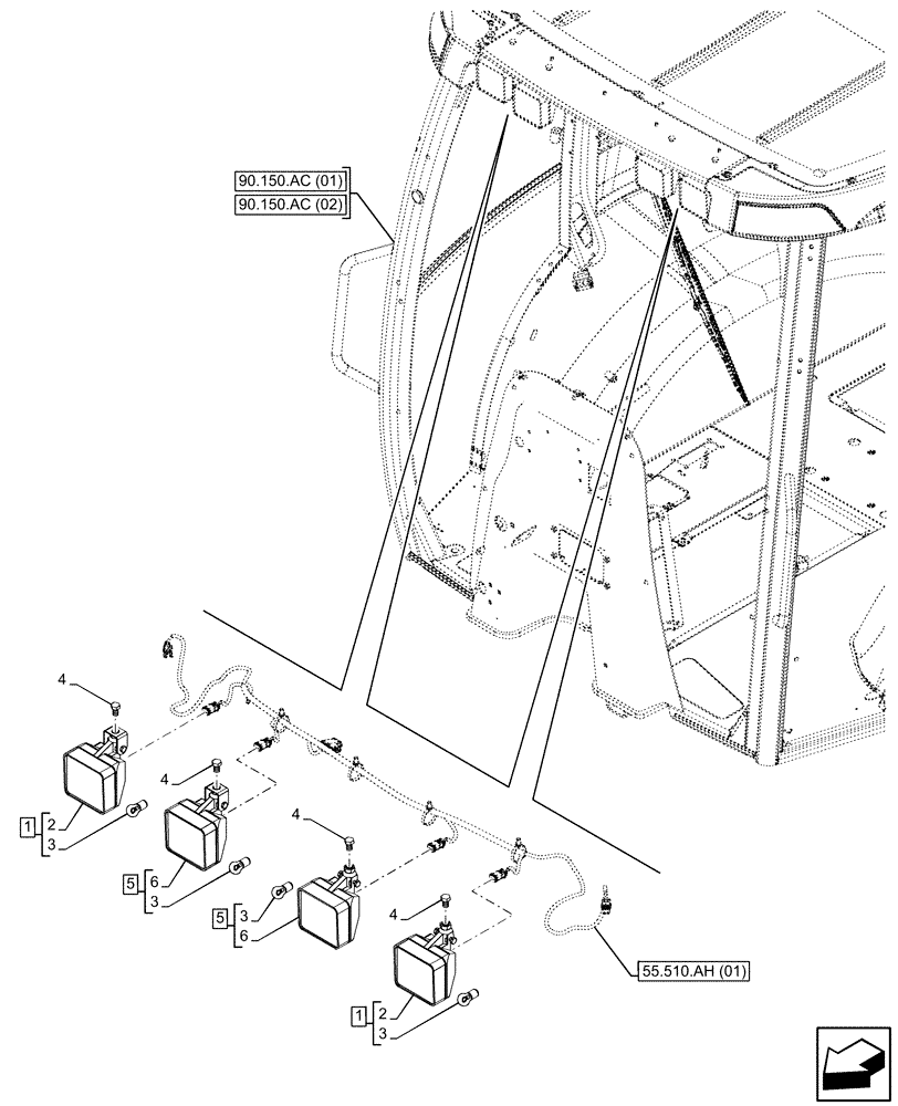 Схема запчастей Case 580SN - (55.404.BS[02]) - VAR - 747853, 747854, 747855 - CAB, WIDE, FRONT WORK LIGHT (55) - ELECTRICAL SYSTEMS