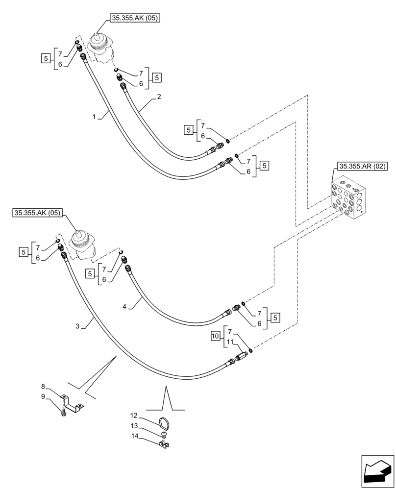 Схема запчастей Case CX350D LC - (35.355.AC[04]) - VAR - 461558 - JOYSTICK, HYDRAULIC LINE, CONTROL VALVE, CONTROL PATTERN SELECTION (35) - HYDRAULIC SYSTEMS