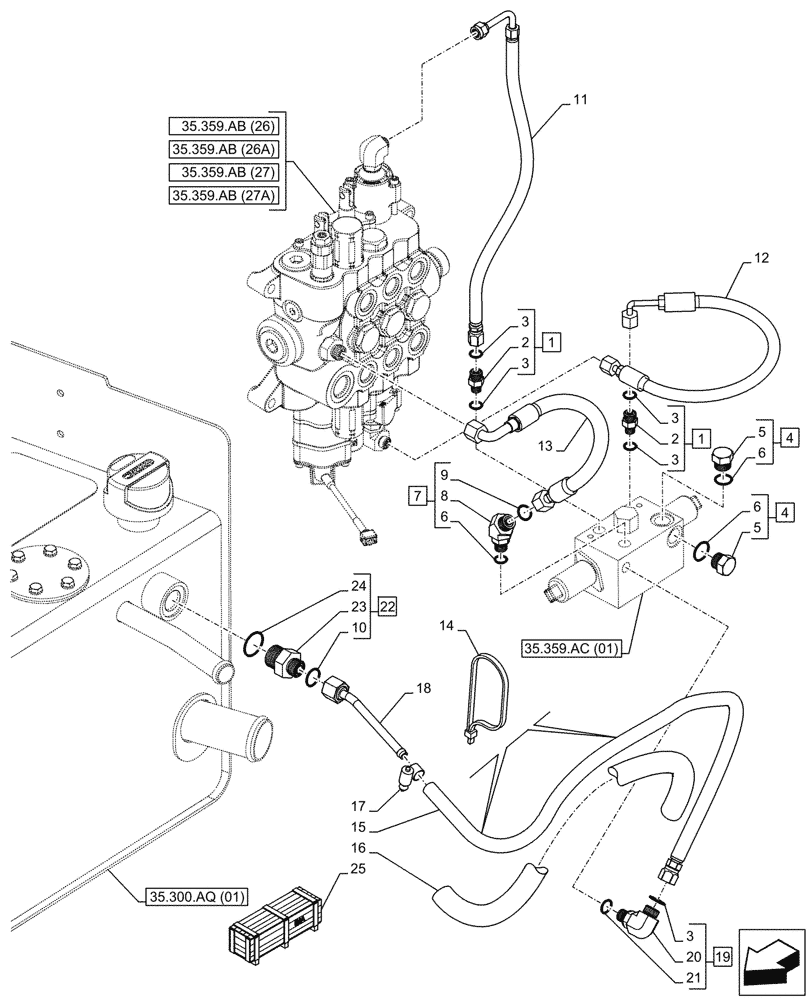 Схема запчастей Case 580N EP - (35.359.AE[07]) - VAR - 747776, 747864 - LOADER, AUXILIARY CONTROL VALVE, LINE (35) - HYDRAULIC SYSTEMS