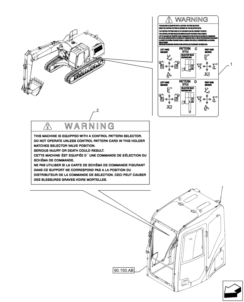 Схема запчастей Case CX350D LC - (90.108.AC[06]) - VAR - 461558 - WARNING DECAL, CONTROL PATTERN SELECTION (90) - PLATFORM, CAB, BODYWORK AND DECALS