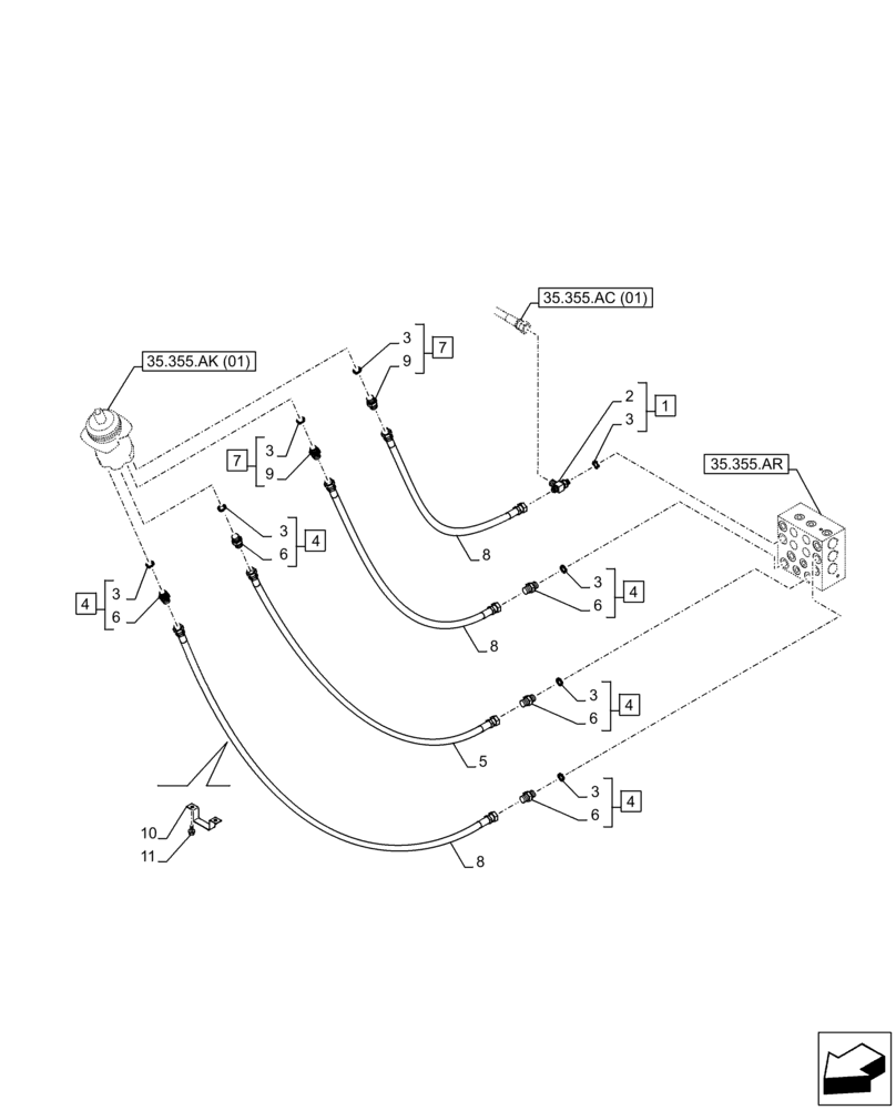 Схема запчастей Case CX250D LC - (35.355.AC[04]) - JOYSTICK, RH, HYDRAULIC LINE, CONTROL VALVE (35) - HYDRAULIC SYSTEMS