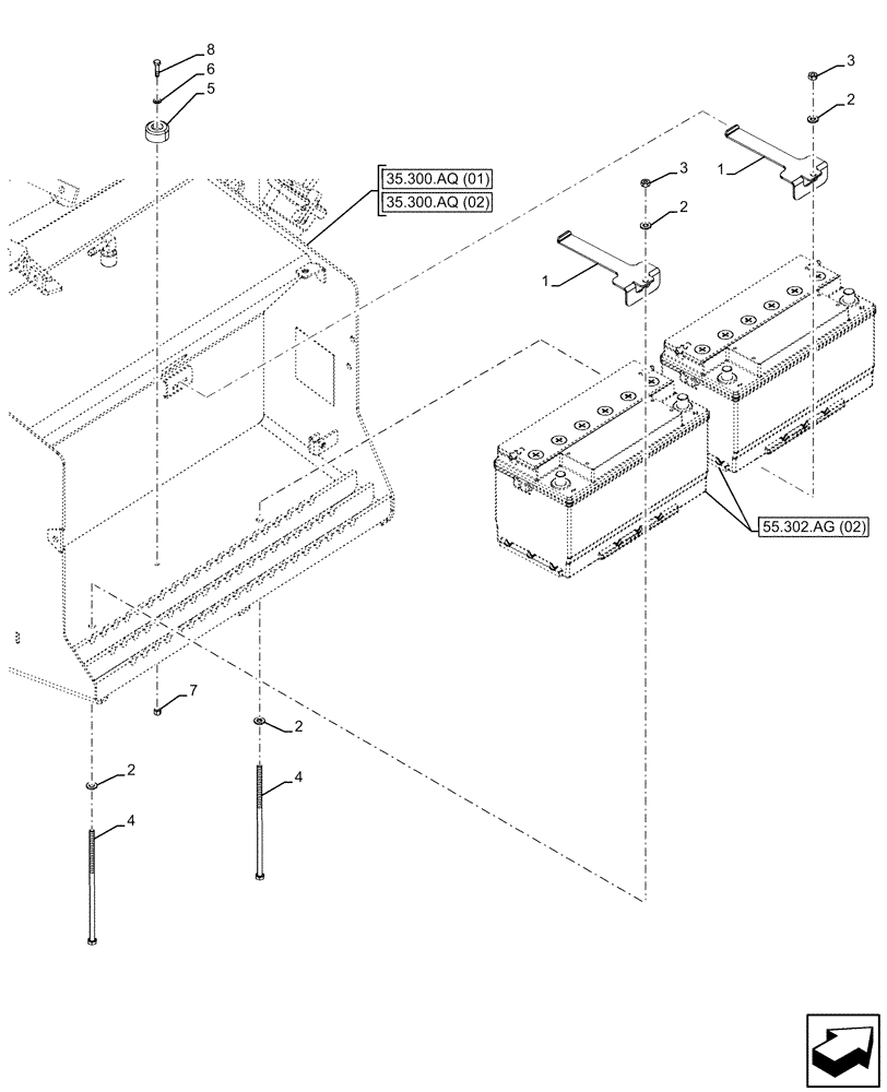 Схема запчастей Case 580SN - (55.302.AK[02]) - DUAL BATTERY, SUPPORT (55) - ELECTRICAL SYSTEMS