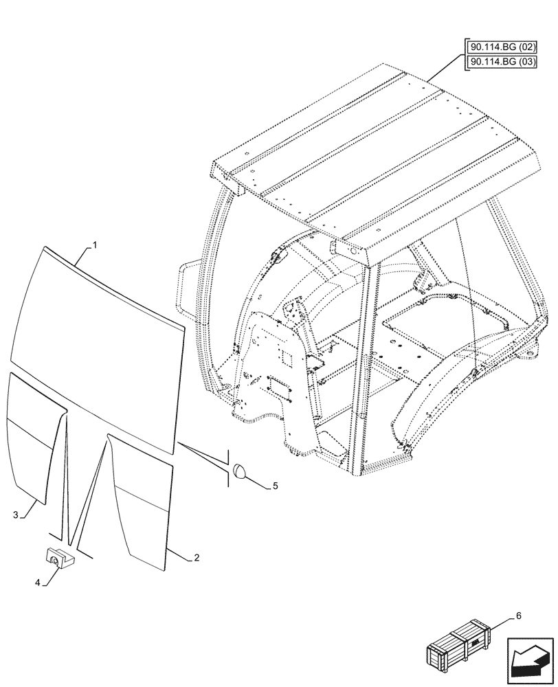 Схема запчастей Case 590SN - (90.114.BG[02]) - VAR - 423000 - CANOPY, WINDSHIELD (90) - PLATFORM, CAB, BODYWORK AND DECALS