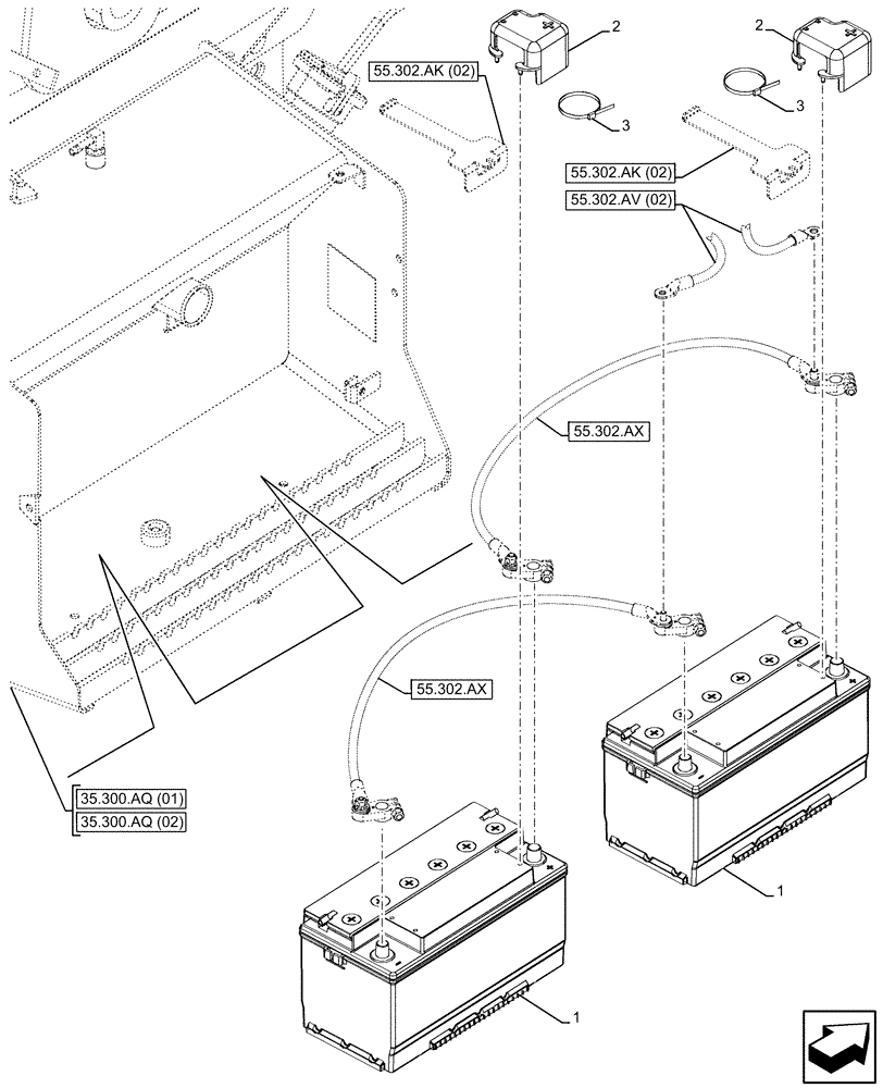 Схема запчастей Case 580SN WT - (55.302.AG[02]) - DUAL BATTERY (55) - ELECTRICAL SYSTEMS