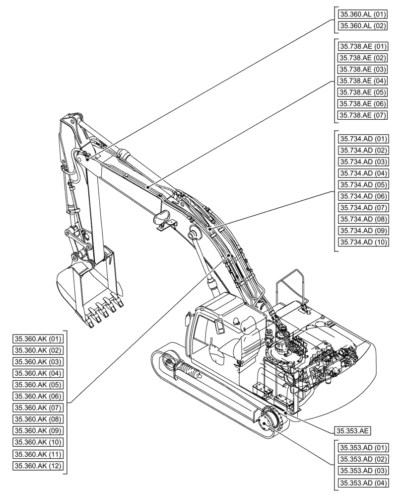 Схема запчастей Case CX250D LC LR - (00.000.35[02]) - PICTORIAL INDEX - HYDRAULIC SYSTEMS (00) - GENERAL & PICTORIAL INDEX