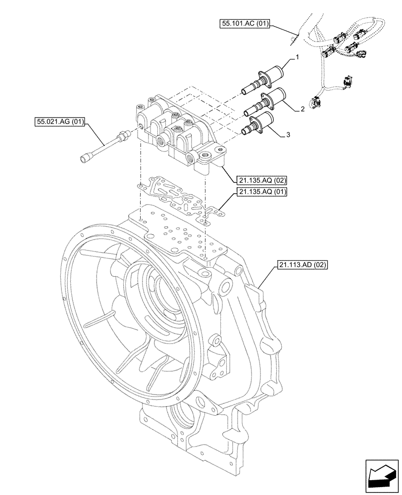 Схема запчастей Case 580SN WT - (55.024.AH[03]) - VAR - 423062 - TRANSMISSION, POWERSHIFT, SOLENOID VALVE, 4WD (55) - ELECTRICAL SYSTEMS