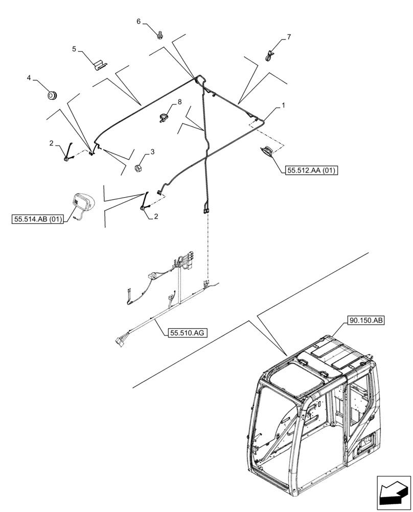Схема запчастей Case CX350D LC - (55.510.AH) - CAB ROOF, WIRE HARNESS (55) - ELECTRICAL SYSTEMS