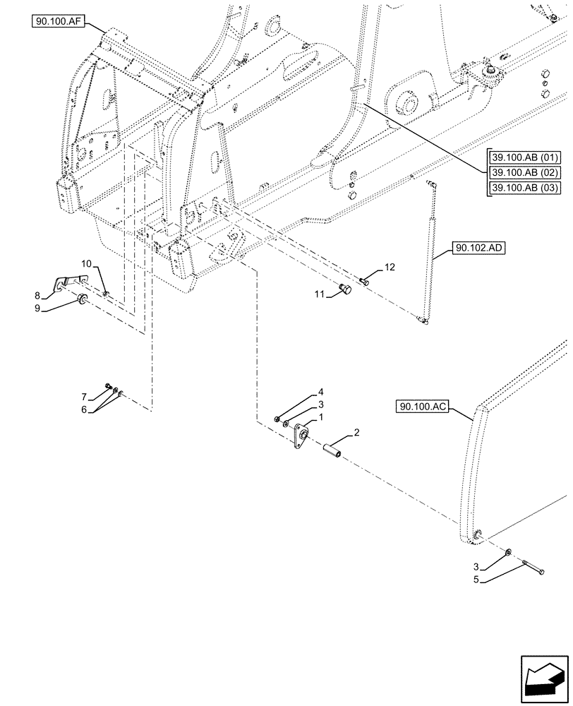 Схема запчастей Case 580SN WT - (90.100.AE[02]) - ENGINE HOOD, PIVOT (90) - PLATFORM, CAB, BODYWORK AND DECALS