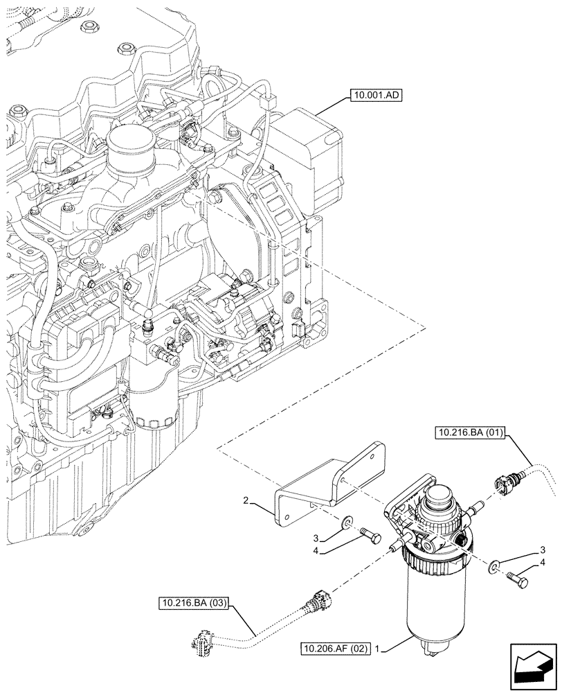 Схема запчастей Case 580SN WT - (10.206.AF[01]) - FUEL FILTER/WATER SEPARATOR (10) - ENGINE