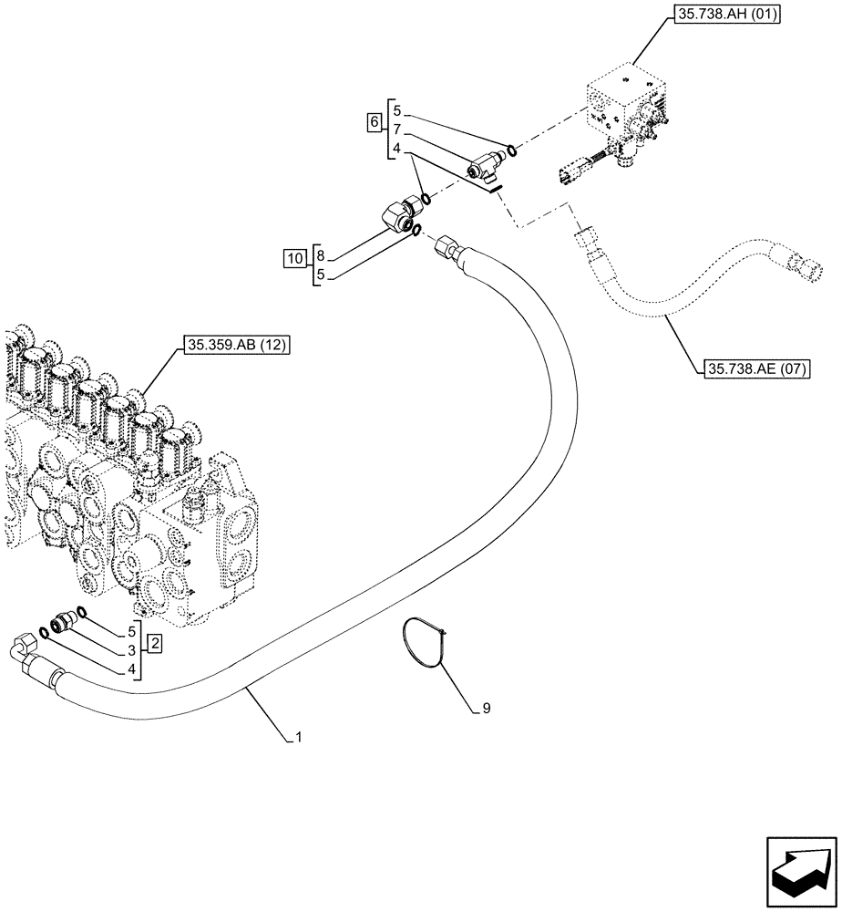 Схема запчастей Case 580SN - (35.738.AE[06]) - OBJECT HANDLING, LINES, BACKHOE CONTROL VALVE (35) - HYDRAULIC SYSTEMS