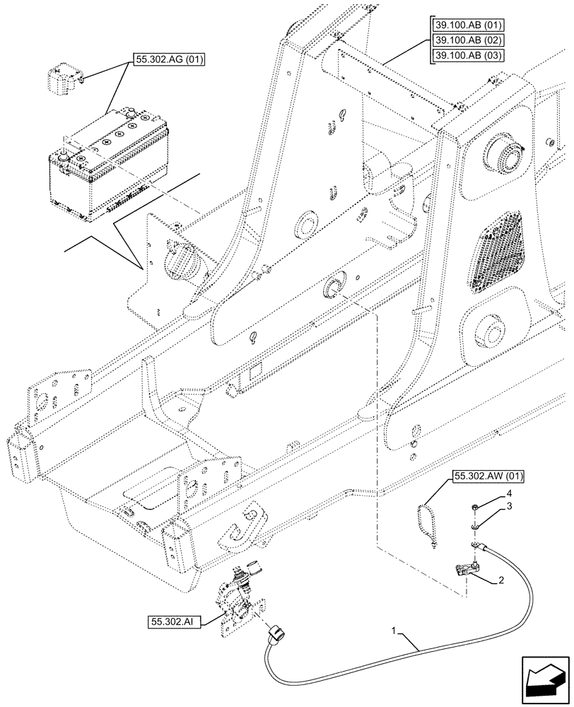 Схема запчастей Case 580SN - (55.302.AV[01]) - BATTERY - CABLES (55) - ELECTRICAL SYSTEMS