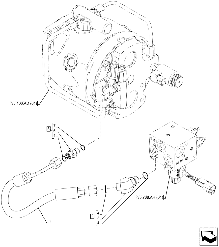 Схема запчастей Case 580SN WT - (35.738.AE[05]) - OBJECT HANDLING, LINES, PUMP (35) - HYDRAULIC SYSTEMS