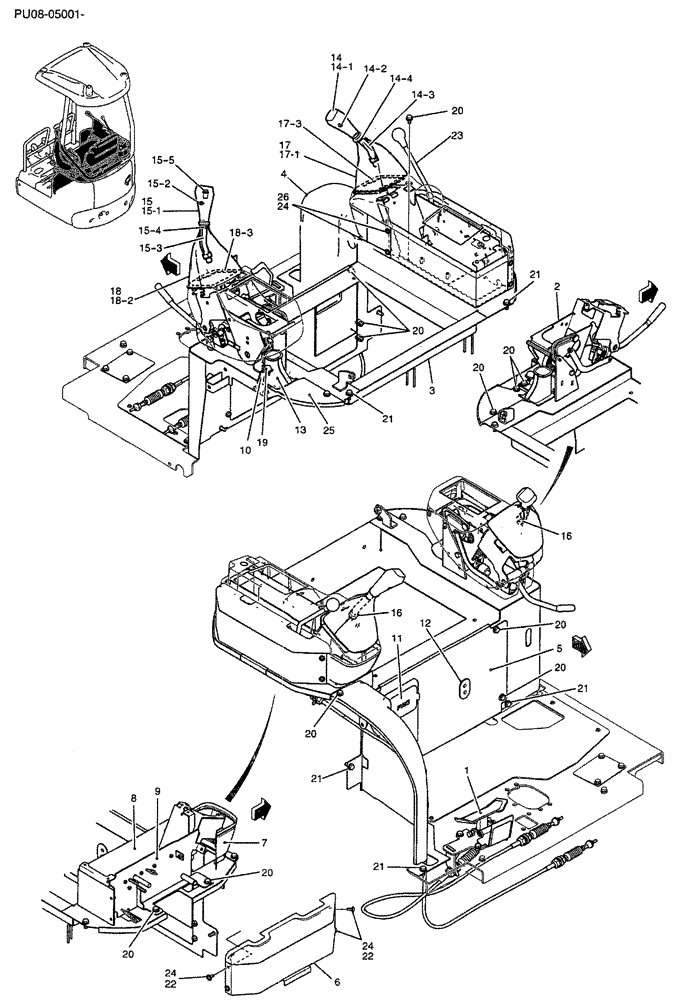 Схема запчастей Case CX17B - (01-022[00]) - CONTROLS, OPERATOR (PU03M00033F1) (90) - PLATFORM, CAB, BODYWORK AND DECALS