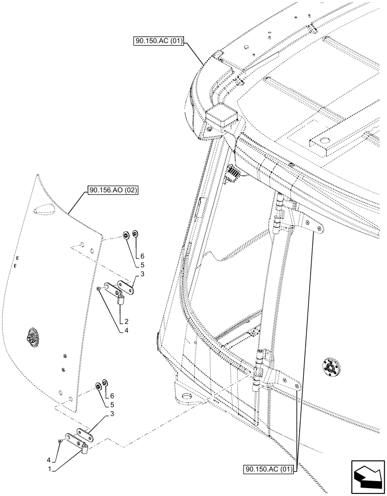 Схема запчастей Case 590SN - (90.156.AP[02]) - VAR - 747853 - RIGHT SIDE, WINDOW, HINGE (90) - PLATFORM, CAB, BODYWORK AND DECALS