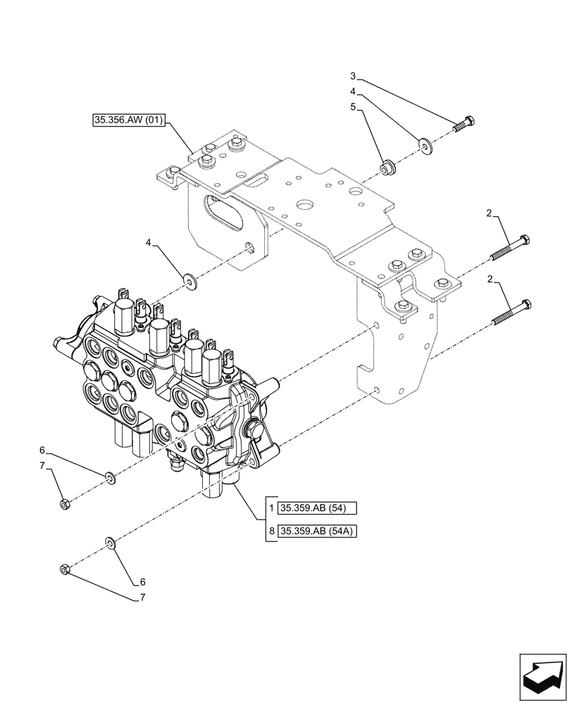 Схема запчастей Case 580SN WT - (35.359.AB[04]) - BACKHOE CONTROL VALVE, 7-SPOOL, MOUNTING PARTS, EXTENDABLE DIPPER, W/ FOOT SWING CONTROLS (35) - HYDRAULIC SYSTEMS