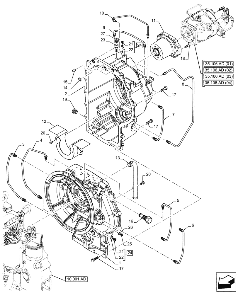 Схема запчастей Case 580SN - (21.113.AD[02]) - VAR - 423062 - TRANSMISSION, POWERSHIFT, HOUSING, 4WD (21) - TRANSMISSION