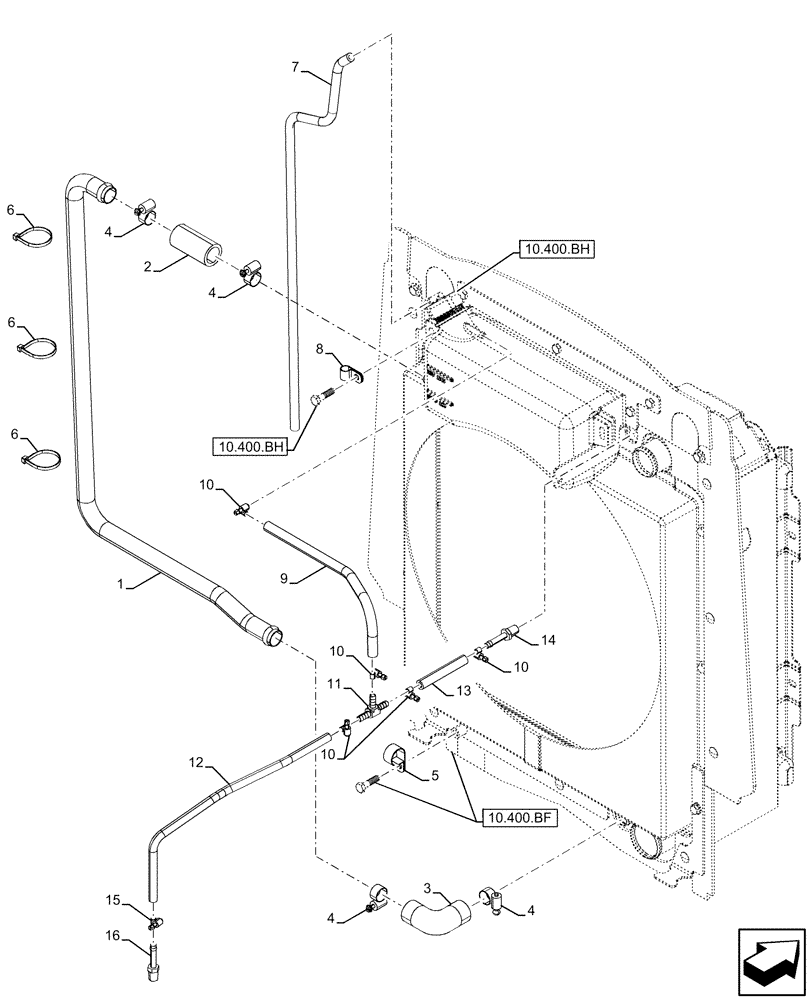 Схема запчастей Case 580SN WT - (10.400.AK) - VAR - 423000, 423001, 442082, 747853, 747854, 747855 - RADIATOR, EXPANSION TANK, HOSE (10) - ENGINE