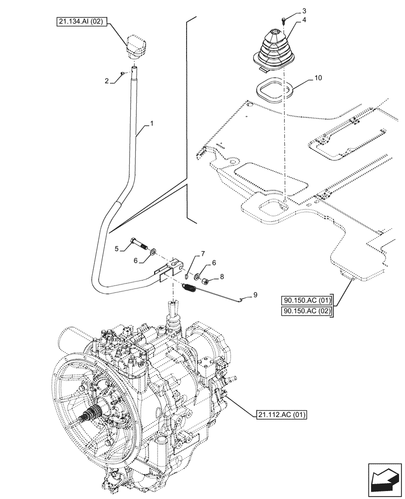 Схема запчастей Case 580SN - (21.134.AI[01]) - VAR - 423059 - TRANSMISSION, POWERSHUTTLE, CONTROL LEVER, 4WD (21) - TRANSMISSION