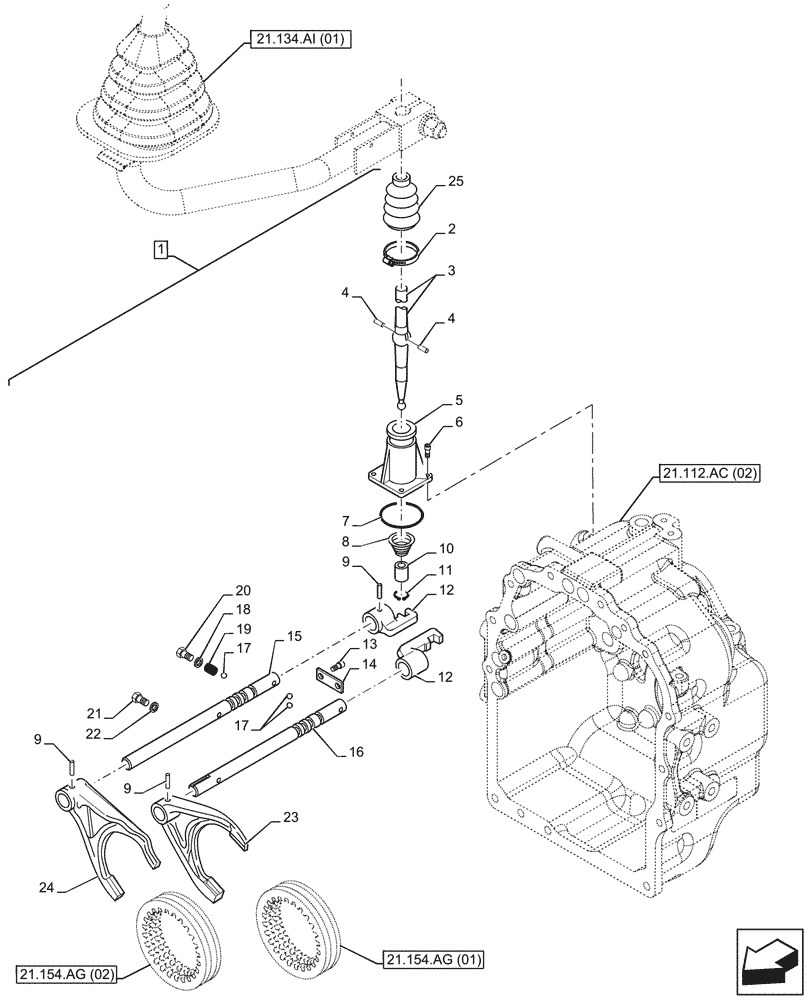 Схема запчастей Case 590SN - (21.134.AH) - VAR - 423058 - TRANSMISSION, POWERSHUTTLE, GEARSHIFT, 2WD (21) - TRANSMISSION