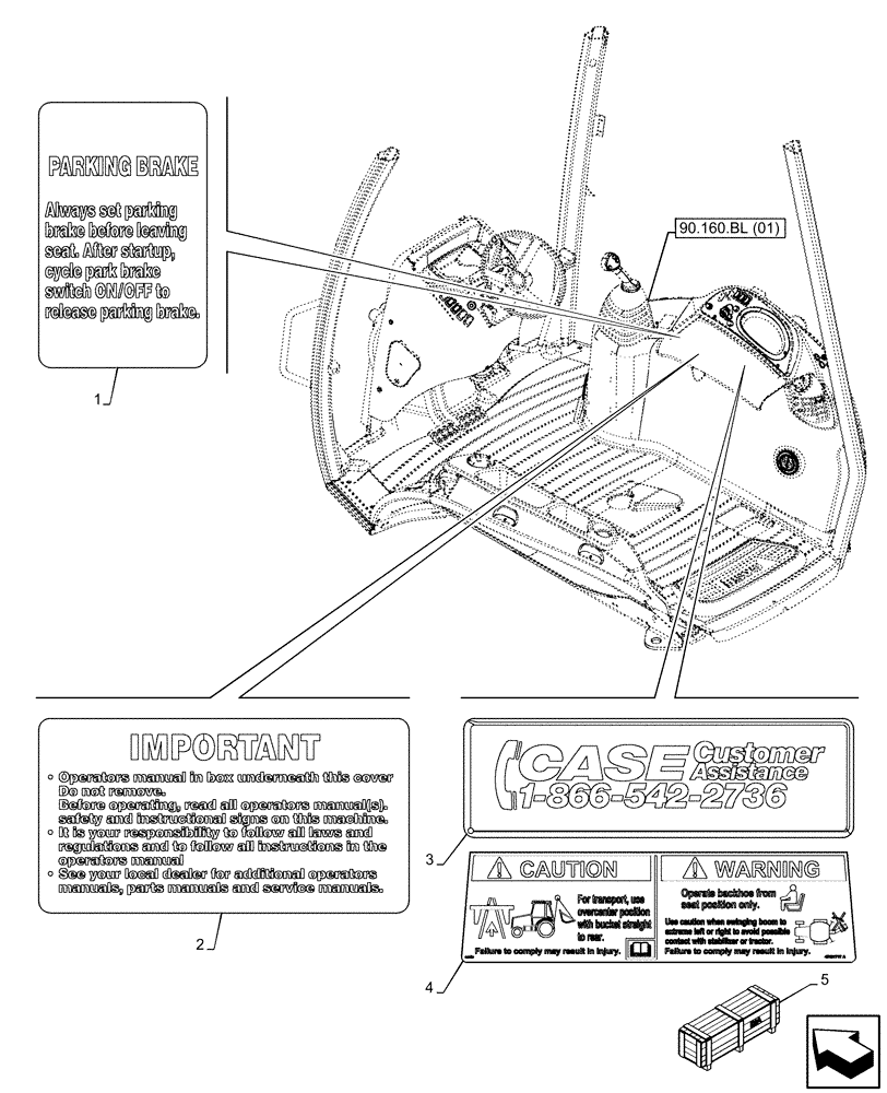 Схема запчастей Case 590SN - (90.108.AC[14]) - VAR - 747882, 747883 - WARNING DECAL (90) - PLATFORM, CAB, BODYWORK AND DECALS