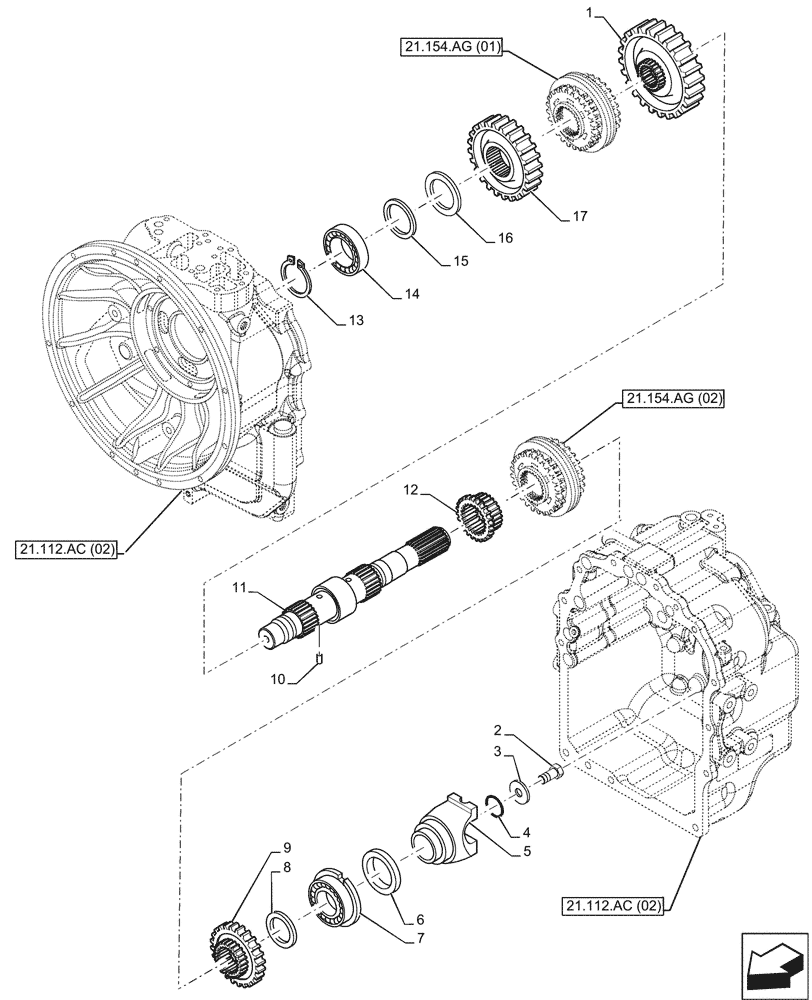 Схема запчастей Case 580SN - (21.154.AJ[05]) - VAR - 423058 - TRANSMISSION, POWERSHUTTLE, DRIVE SHAFT, DRIVEN SHAFT, 2WD (21) - TRANSMISSION