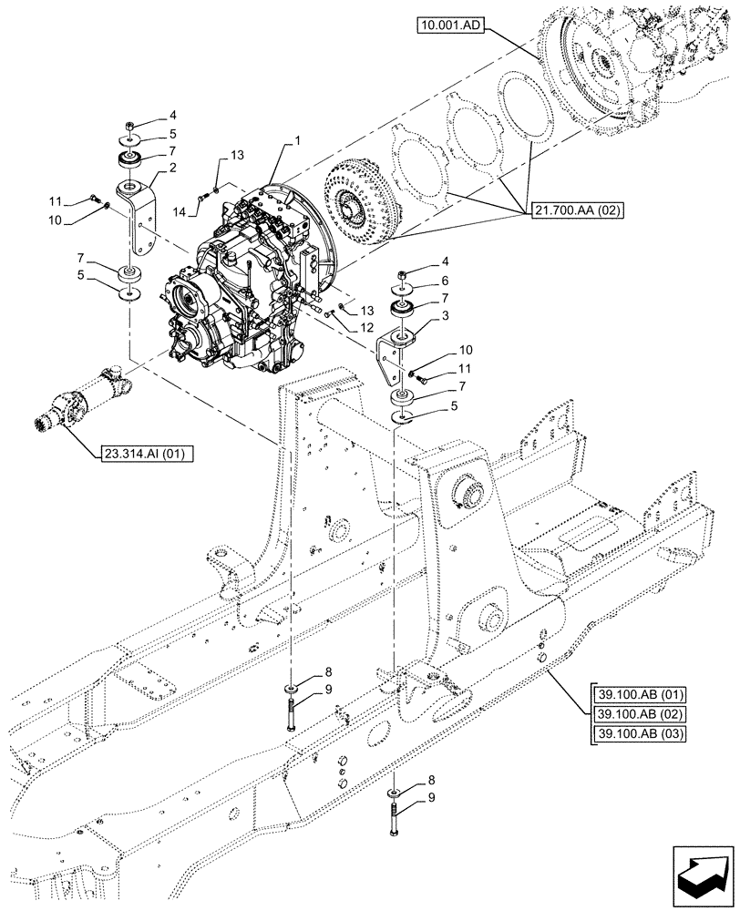 Схема запчастей Case 590SN - (21.111.AC[01]) - VAR - 423060 - TRANSMISSION, SEMI-POWERSHIFT, SUPPORT, 2WD (21) - TRANSMISSION