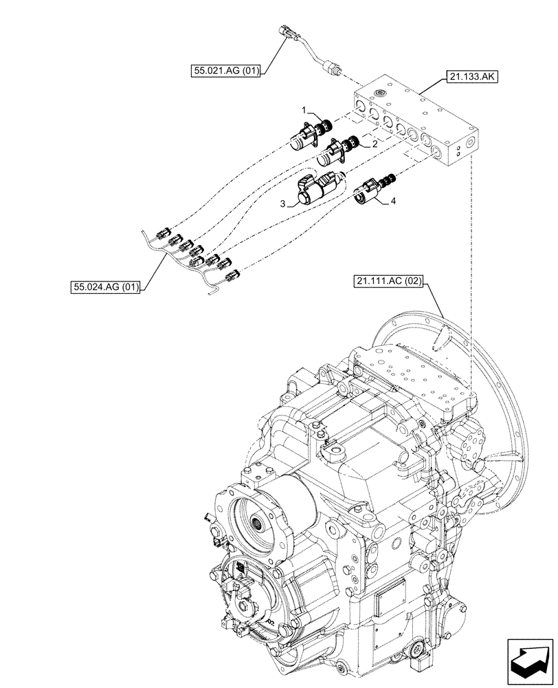 Схема запчастей Case 580SN WT - (55.024.AH[03]) - VAR - 423060, 423061 - TRANSMISSION, SEMI-POWERSHIFT, CONTROL VALVE, SOLENOID (55) - ELECTRICAL SYSTEMS