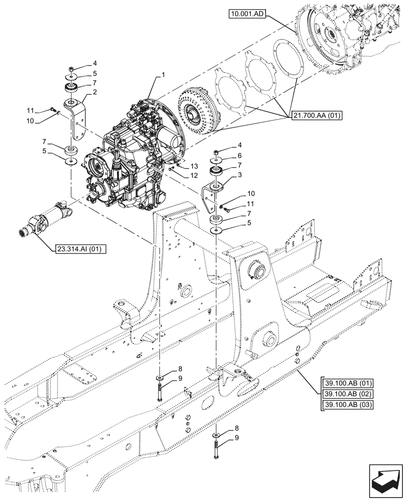 Схема запчастей Case 580SN - (21.112.AC[01]) - VAR - 423059 - TRANSMISSION, POWERSHUTTLE, 4WD (21) - TRANSMISSION