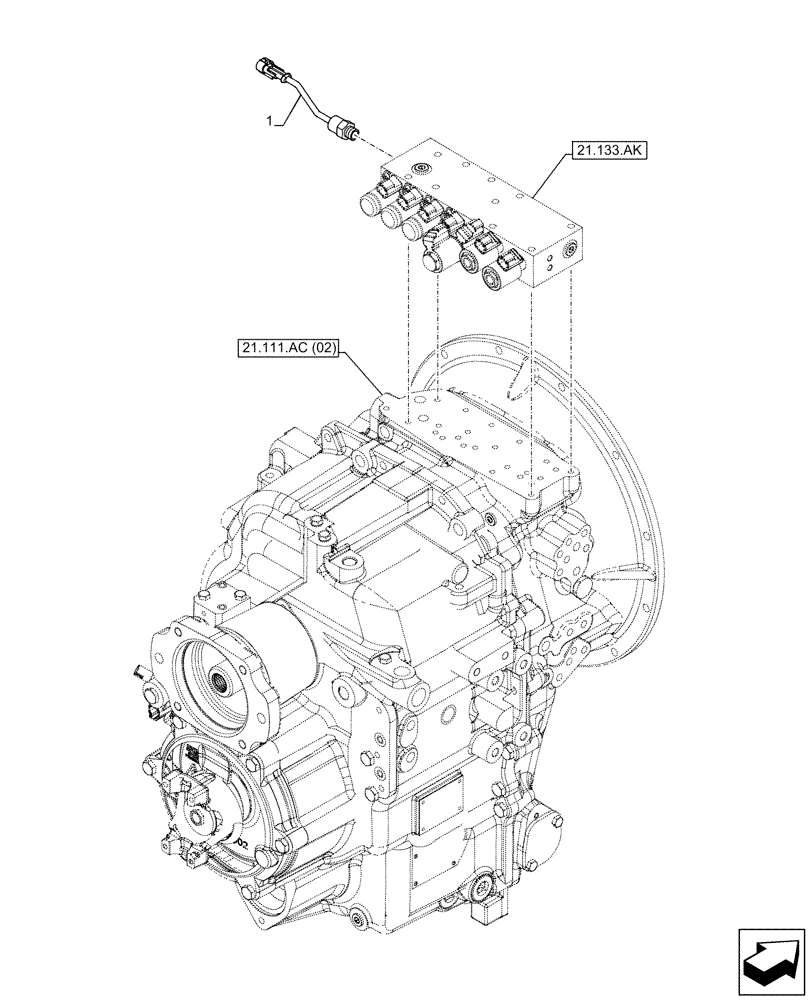 Схема запчастей Case 580SN WT - (55.021.AG[01]) - TRANSMISSION, SEMI-POWERSHIFT, CONTROL VALVE, PRESSURE SENSOR (55) - ELECTRICAL SYSTEMS