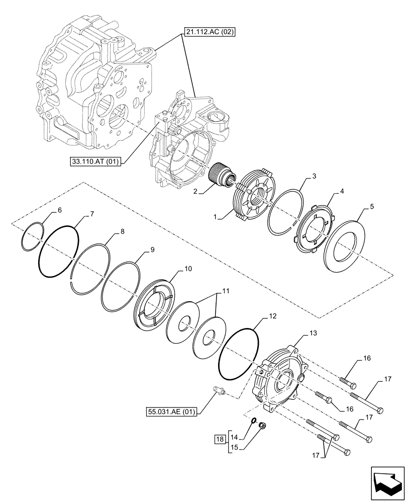 Схема запчастей Case 590SN - (33.110.AV[01]) - VAR - 423058, 423059 - TRANSMISSION, POWERSHUTTLE, PARKING BRAKE, DISC (33) - BRAKES & CONTROLS