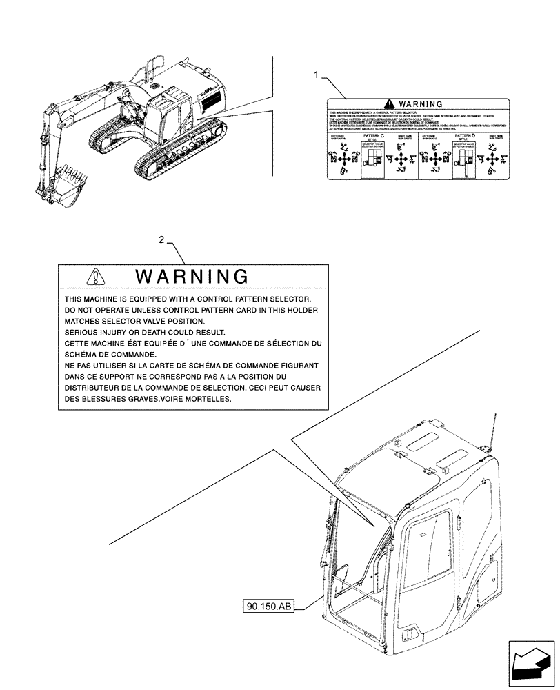 Схема запчастей Case CX160D LC - (90.108.AC[10]) - VAR - 461558 - WARNING DECAL, CONTROL PATTERN SELECTION (90) - PLATFORM, CAB, BODYWORK AND DECALS