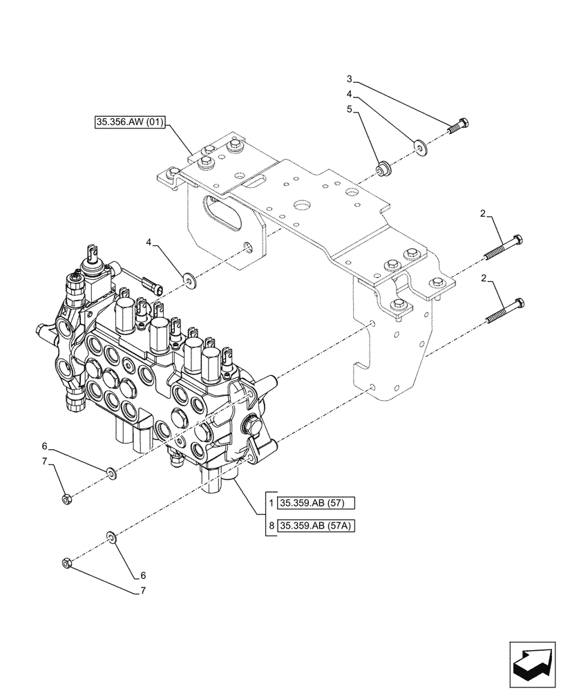 Схема запчастей Case 580SN - (35.359.AB[07]) - BACKHOE CONTROL VALVE, 8-SPOOL, MOUNTING PARTS, EXTENDABLE DIPPER, W/ TWO LEVER CONTROLS (35) - HYDRAULIC SYSTEMS