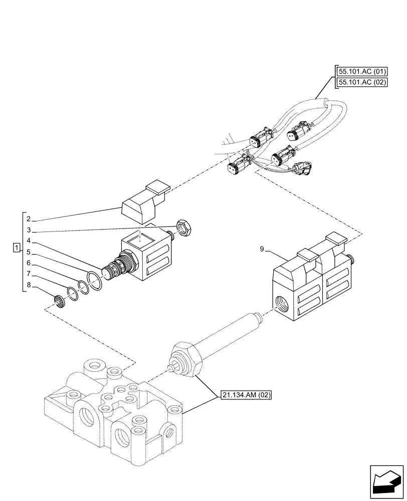 Схема запчастей Case 580SN WT - (55.024.AH[01]) - VAR - 423058, 423059 - TRANSMISSION, POWERSHUTTLE, PARKING BRAKE, SOLENOID VALVE (55) - ELECTRICAL SYSTEMS