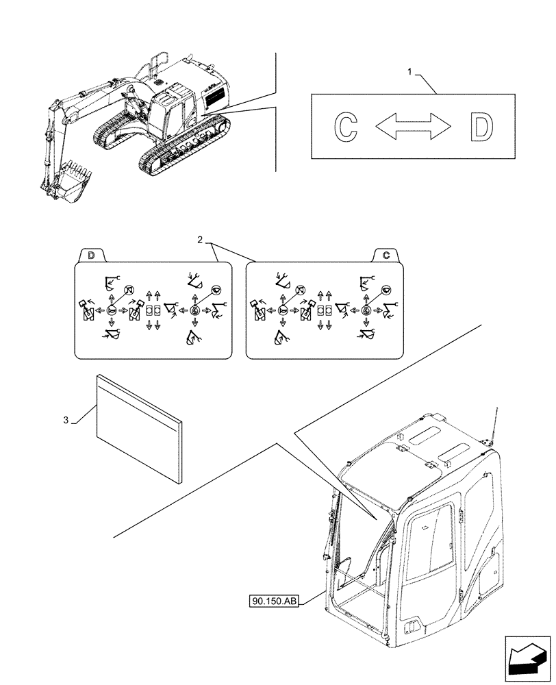 Схема запчастей Case CX160D LC - (90.108.AA[02]) - VAR - 461558 - DECAL, CONTROL PATTERN SELECTION (90) - PLATFORM, CAB, BODYWORK AND DECALS