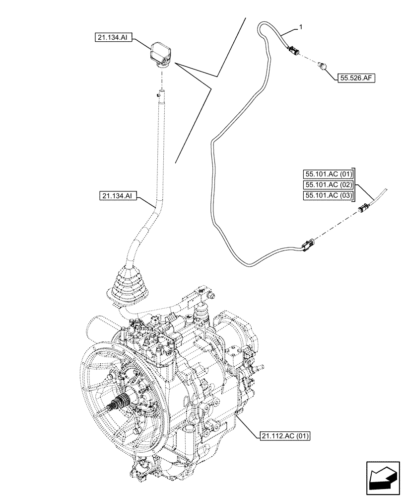 Схема запчастей Case 580SN - (55.526.AG[01]) - VAR - 423059 - TRANSMISSION, POWERSHUTTLE, RIDE CONTROL, HARNESS (55) - ELECTRICAL SYSTEMS