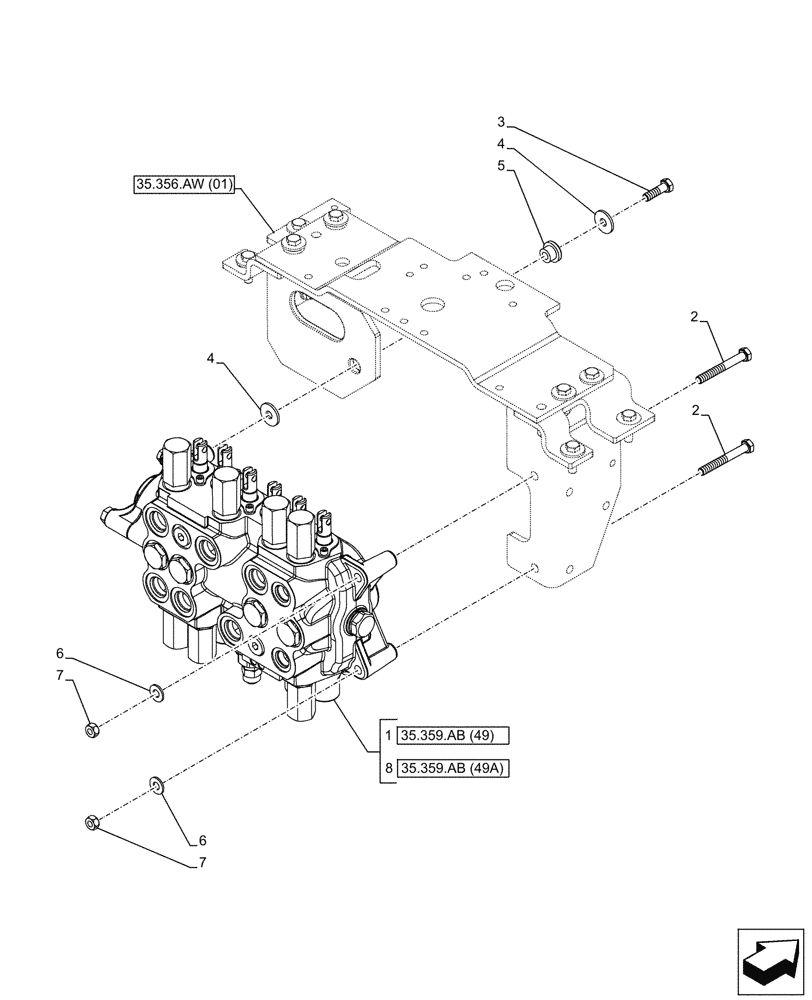 Схема запчастей Case 580SN - (35.359.AB[01]) - BACKHOE CONTROL VALVE, 6-SPOOL, MOUNTING PARTS, STANDARD DIPPER, W/ FOOT SWING CONTROLS (35) - HYDRAULIC SYSTEMS