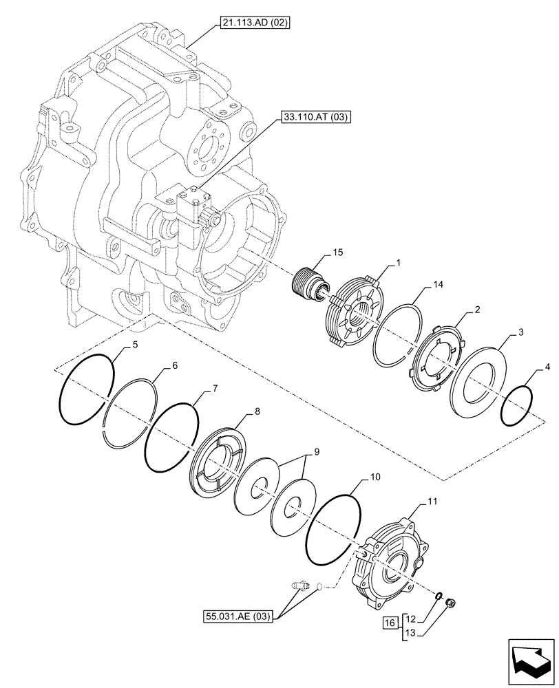 Схема запчастей Case 580SN WT - (33.110.AV[03]) - VAR - 423062 - TRANSMISSION, POWERSHIFT, PARKING BRAKE, DISC (33) - BRAKES & CONTROLS